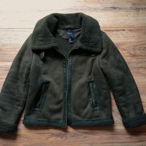 Green Faux Suede Sherpa Lined Jacket